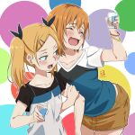  2girls arm_grab black_ribbon blonde_hair blush breasts closed_eyes collarbone drunk hair_ornament hair_ribbon hairclip highres miyahara_takuya miyamori_aoi mole mole_under_eye multiple_girls open_mouth orange_hair ribbon shirobako short_twintails small_breasts twintails wristband yano_erika 