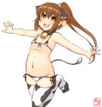  1girl animal_ears animal_print artist_logo bell belly bikini brown_eyes brown_hair commentary_request cow_ears cow_horns cow_print cow_tail cowbell dated ear_tag flat_chest front-tie_top fumizuki_(kancolle) highres horns kanon_(kurogane_knights) kantai_collection long_hair lowleg lowleg_bikini micro_bikini one-hour_drawing_challenge outstretched_arms ponytail side-tie_bikini simple_background smile solo swimsuit tail white_background white_bikini white_legwear 