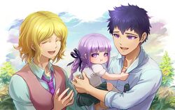  1girl 2boys :d angry bangs black_ribbon black_skirt blonde_hair blush braid collarbone collared_shirt commentary_request dangan_ronpa_(series) dangan_ronpa_kirigiri day facial_hair goatee hair_ribbon highres kirigiri_jin kirigiri_kyouko matsuda_yasuke multiple_boys necktie open_mouth outdoors pink_vest pleated_skirt pout ribbon shirt short_hair short_sleeves skirt smile toddler twin_braids vest violet_eyes white_shirt youko-shima younger 