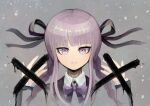  1girl bangs black_ribbon blunt_bangs blush bow bowtie braid closed_mouth collared_shirt cropped_shoulders cross dangan_ronpa_(series) dangan_ronpa_kirigiri expressionless eyebrows_visible_through_hair grey_background hair_ribbon hands_up highres kirigiri_kyouko long_hair looking_at_viewer purple_hair ribbon shiny shiny_hair shirt solo twin_braids upper_body violet_eyes white_shirt youko-shima 