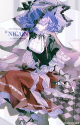  1girl arm_ribbon between_fingers black_bow black_bowtie black_pantyhose black_ribbon black_shirt blue_eyes blue_hair boots bow bowtie breasts brown_footwear caicaicaicai_ni_caicai chess_piece chessboard closed_mouth collared_shirt expressionless feet_out_of_frame floral_print flower footwear_bow frilled_shirt_collar frilled_skirt frilled_veil frills grey_scrunchie grey_veil hair_between_eyes hair_bow high_collar highres holding holding_chess_piece juliet_sleeves layered_shirt light_particles long_skirt long_sleeves looking_at_viewer medium_breasts original pantyhose pink_bow playing_games pleated_skirt puffy_sleeves red_skirt ribbon rose sample_watermark scrunchie see-through_clothes see-through_veil shawl shirt short_hair single_stripe sitting skirt sleeves_past_elbows solo striped_bow striped_bowtie striped_clothes veil waist_bow watermark weibo_watermark white_background white_flower white_rose white_shawl white_shirt wrist_scrunchie 