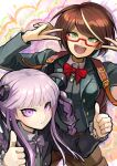  2girls :d bangs black_jacket black_ribbon bow bowtie braid breasts brown_hair commentary_request dangan_ronpa_(series) dangan_ronpa_kirigiri glasses green_eyes highres jacket kirigiri_kyouko long_sleeves looking_at_viewer multicolored multicolored_background multicolored_hair multiple_girls open_clothes open_jacket open_mouth pink_eyes purple_hair red_bow ribbon samidare_yui semi-rimless_eyewear shiny shiny_hair short_hair smile streaked_hair thumbs_up twin_braids upper_teeth v violet_eyes youko-shima 