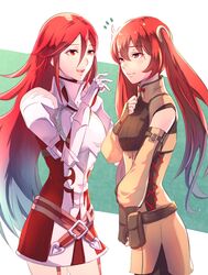  2girls armor bangs breastplate cordelia_(fire_emblem) detached_sleeves eyebrows_visible_through_hair fingerless_gloves fire_emblem fire_emblem_awakening garter_straps gauntlets gloves hair_between_eyes highres long_hair long_sleeves mother_and_daughter multiple_girls pauldrons red_eyes redhead riou_(pooh920) severa_(fire_emblem) shoulder_armor smile twintails very_long_hair 