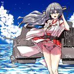  1girl blue_sky brown_eyes cannon clouds day detached_sleeves frilled_skirt frills grey_hair hair_ornament hairband hairclip haruna_(kancolle) headgear highres japanese_clothes kantai_collection long_hair nontraditional_miko outdoors panties red_skirt remodel_(kantai_collection) ribbon-trimmed_sleeves ribbon_trim rigging skirt skirt_lift sky solo standing striped striped_panties toda_kazuki turret underwear wind wind_lift 