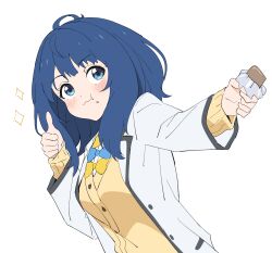  1girl blue_eyes blue_hair blush closed_mouth eating food highres holding holding_food make_heroine_ga_oo_sugiru! medium_hair school_uniform simple_background sincos solo sweater_vest thumbs_up white_background yanami_anna yellow_sweater_vest 