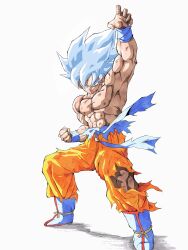  1boy abs blue_eyes blue_footwear blue_hair boots dragon_ball dragon_ball_z fighting_stance full_body highres male_focus medium_hair muscular muscular_male orange_pants pants pato007711 simple_background solo son_goku spiky_hair super_saiyan super_saiyan_blue torn_clothes torn_pants white_background 