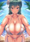  1girl bikini blurry blurry_background blush breasts collarbone cowboy_shot eyebrows_visible_through_hair flower green_hair hair_flower hair_ornament highres huge_breasts kotona_elegance lasts long_hair looking_at_viewer navel outdoors parted_lips smile solo sweat swimsuit violet_eyes water white_bikini zoids zoids_genesis 