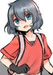  1girl :d backpack bag bangs black_gloves black_hair blue_eyes commentary eyebrows_visible_through_hair gloves hair_between_eyes head_tilt highres kaban_(kemono_friends) kemono_friends looking_at_viewer mitorizu_02 no_hat no_headwear open_mouth red_shirt shirt short_hair simple_background sketch smile solo upper_body white_background 