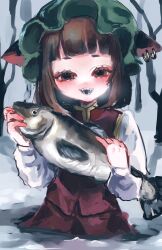  1girl :d animal animal_ear_piercing animal_ears blunt_bangs blush bob_cut brown_eyes brown_hair cat_ears chen cowboy_shot earrings ears_through_headwear fish frills gold_trim half-closed_eyes hand_blush haniwa_kue hat highres holding holding_animal holding_fish ice_fishing jewelry long_sleeves looking_at_viewer medium_hair mob_cap partially_submerged red_skirt red_vest sharp_teeth skirt skirt_set smile solo teeth touhou vest 