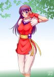  1girl arm_up asamiya_athena athena_asamiya beads breasts closed_mouth fingerless_gloves gloves hairband highres kasumi_jun long_hair puffy_short_sleeves puffy_sleeves purple_hair red_gloves red_hairband sash solo standing star_(symbol) star_hair_ornament the_king_of_fighters v v_over_eye violet_eyes yellow_sash 