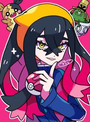  1girl black_hair blue_jacket carmine_(pokemon) colored_inner_hair crossed_bangs hair_between_eyes hairband highres holding holding_poke_ball jacket long_hair long_sleeves looking_at_viewer mole mole_under_eye morpeko morpeko_(full) multicolored_hair outline pink_background poke_ball poke_ball_(basic) pokemon pokemon_(creature) pokemon_sv redhead sinistcha smile two-tone_hair upper_body white_outline yellow_eyes yellow_hairband yoshishi_(yosisitoho) 