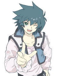  1boy belt black_belt collarbone green_eyes highres johan_andersen looking_at_viewer male_focus moiko one_eye_closed open_mouth shirt short_hair sleeveless sleeveless_jacket teeth twitter_username upper_body white_background white_shirt yu-gi-oh! yu-gi-oh!_gx 