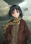  1girl artist_name bandaid bandaid_on_face black_hair brave_witches brown_jacket clouds cowboy_shot grey_sky hands_in_pockets head_tilt highres jacket kanno_naoe kokott looking_at_viewer scarf short_hair smile solo world_witches_series 