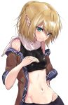  1girl asuzemu bangs bare_shoulders blonde_hair blush breasts brown_shirt closed_mouth commentary eyebrows_visible_through_hair green_eyes groin hair_between_eyes half_updo looking_at_viewer midriff mizuhashi_parsee navel pointy_ears shirt short_hair short_ponytail short_sleeves simple_background small_breasts smile solo sports_bra touhou upper_body white_background 
