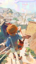  1boy absurdres adjusting_clothes adjusting_headwear blue_jacket bottle brown_hair cityscape commentary from_behind highres jacket male_focus milk_bottle moomoo_milk nate_(pokemon) oshawott outdoors pig pokemon pokemon_(creature) pokemon_bw2 shorts snivy standing tepig visor_cap white_shorts yenkurl 