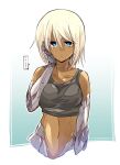  1girl alternate_skin_color android bare_shoulders blue_eyes collarbone commentary dark_skin expressionless hair_between_eyes hand_on_own_cheek hand_on_own_face highres ishiyumi joints mechanical_arms mechanical_buddy_universe mechanical_legs momdroid_(mechanical_buddy_universe) platinum_blonde_hair robot_joints science_fiction short_hair singlet solo 