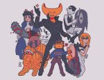  1other 2girls 3boys :&lt; animal artist_name aya_drevis bald black-cat black_hair black_jacket black_legwear black_pants blush_stickers bow cat crossover crying dress english_commentary frisk_(undertale) full_body hair_bow highres holding holding_animal holding_cat holding_chainsaw holding_knife holding_stick hylics jacket knife mad_father majo_no_ie multiple_boys multiple_girls namaqun omori omori_(omori) pale_skin pants phillip_(space_funeral) space_funeral standing stick streaming_tears tears undertale viola_(majo_no_ie) wayne_(hylics) white_dress 