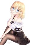 1girl artist_name bangs bare_shoulders black_skirt blonde_hair blue_eyes brown-framed_eyewear brown_legwear commentary earrings eyebrows_visible_through_hair feet_out_of_frame glasses hair_ornament hairclip hand_up heart heart_earrings highres hololive hololive_english jewelry knee_up looking_at_viewer nami_(nyaa) o-ring off-shoulder_shirt off_shoulder pantyhose pixiv_username pleated_skirt puffy_short_sleeves puffy_sleeves romaji_commentary shirt short_sleeves simple_background sitting skirt smile solo suspender_skirt suspenders twitter_username virtual_youtuber watson_amelia white_background white_shirt 