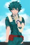  1boy biting bodysuit boku_no_hero_academia eye_contact facing_viewer finger_biting finger_in_mouth freckles gloves green_bodysuit green_hair introvertedartist looking_at_another looking_at_viewer madelegencia midoriya_izuku naughty_face short_hair simple_background solo white_gloves 