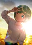  1girl absurdres aqua_eyes backlighting blurry blurry_background blush clouds cloudy_sky futomayu-chan_(sinohira_rin) green_hair grey_sweater highres lens_flare looking_at_viewer one_eye_closed original parted_lips short_hair sinohira_rin sky solo sweater v 