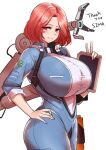  1girl absurdres blush bodysuit breasts chest_strap cho!cho! english_commentary english_text fortune_(last_origin) highres huge_breasts last_origin looking_at_viewer red_eyes redhead short_hair simple_background solo tablet_pc thighs v white_background 