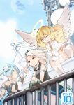  3girls angel angel_wings arm_support bare_legs bare_shoulders black_dress black_gloves blonde_hair blue_eyes blue_hair blue_sky blvefo9 clouds day dress elbow_gloves fantasy gloves halo highres leaning_back leaning_forward leaning_on_rail long_hair moon multiple_girls no_panties original outdoors railing red_eyes satellite_dish short_hair sitting sky standing straight_hair white_dress white_hair white_wings wings yellow_eyes 