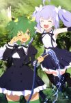  2girls ;d ^_^ absurdres ahoge armpit_peek assault_lily black_legwear brown_footwear closed_eyes day fang green_eyes green_hair green_legwear highres hose jumping loafers megami_magazine multiple_girls official_art one_eye_closed open_mouth outdoors outstretched_arms purple_hair scan school_uniform shoes skin_fang smile spread_arms sunlight tan thigh-highs umeshita_manami water yoshimura_thi_mai 