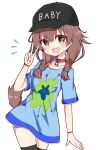  1girl :3 :d alternate_costume animal_collar animal_ears bangs baseball_cap black_headwear black_legwear blue_shirt blush bracelet braid brown_eyes brown_hair collar contrapposto dog_ears dog_girl dog_tail fang hair_between_eyes hat hololive inugami_korone jewelry long_hair looking_at_viewer low_twin_braids open_mouth rabiiandrain red_collar shirt short_sleeves simple_background smile solo symbol_commentary tail thigh-highs thigh_strap twin_braids v virtual_youtuber white_background 