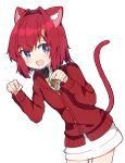  1girl :d ange_katrina animal_ears blue_eyes blush cardigan cat_ears cat_girl cat_tail hair_intakes hair_ornament hairclip leaning_forward looking_at_viewer nijisanji open_mouth paw_pose rabiiandrain red_cardigan redhead short_hair simple_background smile solo tail triangle_hair_ornament virtual_youtuber white_background 