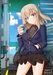  1girl aquaegg black_skirt blonde_hair blue_eyes blush breasts closed_mouth drink eyebrows_visible_through_hair girls_und_panzer hand_in_pocket highres itsumi_erika large_breasts looking_at_viewer microskirt outdoors pleated_skirt shiny shiny_hair skirt smile solo standing 