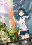  1girl amano_hina_(tenki_no_ko) black_hair blue_eyes blue_shorts blurry clouds cloudy_sky commentary_request denim denim_shorts depth_of_field highres hood hoodie low_twintails mikazuki_akira! parted_lips plant railing rain shorts sky sleeveless sleeveless_hoodie solo tenki_no_ko twintails vines white_hoodie 