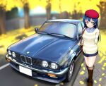  1girl autumn bangs beret blue_hair blush bmw bmw_m3 boots car commentary_request ground_vehicle hat highres long_hair looking_at_viewer love_live! love_live!_school_idol_project motor_vehicle smile solo sonoda_umi standing striped swept_bangs yellow_eyes 