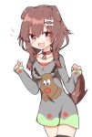  1girl :3 :d \||/ alternate_costume animal_collar animal_ears bangs black_legwear blush bracelet braid brown_eyes brown_hair christmas collar cowboy_shot dog_ears dog_girl dog_tail dress fang hair_between_eyes hololive inugami_korone jewelry long_hair looking_at_viewer low_twin_braids open_mouth rabiiandrain red_collar simple_background skin_fang sleeve_hold smile solo sweater sweater_dress symbol_commentary tail thigh-highs twin_braids virtual_youtuber w_arms white_background zettai_ryouiki 