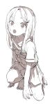  1girl :o absurdres bangs barefoot commentary full_body greyscale hair_ornament hairclip highres long_hair looking_at_viewer monochrome one_knee open_mouth original pleated_skirt sailor_collar school_uniform serafuku short_hair short_sleeves simple_background sketch skirt solo white_background yamamoto_souichirou 