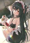  1girl :p absurdres armband azur_lane back back_bow backless_dress backless_outfit bangs black_dress black_hair blurry blurry_background bow breasts cake chromatic_aberration commentary_request cream cream_on_body cream_on_breasts crossed_bangs dress eyebrows_visible_through_hair food frilled_dress frills fruit hair_between_eyes hair_ornament highres holding holding_food holding_plate huge_filesize large_breasts long_hair looking_at_viewer luna_nyann maid maid_headdress plate red_dress red_eyes shoulder_blades sideboob sitting solo strawberry taihou_(azur_lane) tongue tongue_out two-tone_dress white_bow 