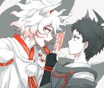  2boys :d ahoge animal_ear_fluff animal_ears annoyed bangs black_hair brown_hair dangan_ronpa_(series) dangan_ronpa_2:_goodbye_despair fingerless_gloves from_side gloves grey_background grey_kimono hand_up heart hinata_hajime holding japanese_clothes kimono komaeda_nagito male_focus multiple_boys nail_polish open_mouth pale_skin profile red_eyes red_nails shirt short_hair smile tetose white_hair 