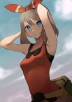  1girl armpits bangs bare_arms blue_eyes blush bow_hairband breasts clouds collarbone commentary_request day eyebrows_visible_through_hair fanny_pack from_below hair_between_eyes hairband highres jyu_gorilla looking_to_the_side may_(pokemon) outdoors parted_lips pokemon pokemon_(game) pokemon_oras shirt shorts sky sleeveless sleeveless_shirt solo yellow_bag 