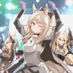  3girls animal_ear_fluff animal_ears arknights armor arms_up aunt_and_niece bangs black_headwear blemishine_(arknights) blonde_hair blue_eyes breastplate cape dancing eyebrows_visible_through_hair fur-trimmed_cape fur_trim garrison_cap grimjin hair_between_eyes hat headphones headset high_ponytail highres horse_ears horse_girl horse_tail kingdom_of_kazimierz_logo long_hair long_sleeves multiple_girls nearl_(arknights) one_eye_closed parody plate_armor siblings sisters smile stage tail umamusume whislash_(arknights) white_cape yellow_eyes yellow_tail 