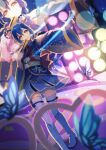  1girl angelic_angel armpits bangs blue_hair boots braid bug butterfly commentary_request concert fan folding_fan hair_between_eyes hair_rings highres insect japanese_clothes kimono kimono_skirt light long_hair looking_at_viewer love_live! love_live!_school_idol_project love_live!_the_school_idol_movie macken666 outstretched_arm solo sonoda_umi spotlight stage stage_lights swept_bangs thigh-highs thigh_boots twin_braids white_footwear yellow_eyes 