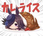  1girl animal_ears black_headwear blue_flower blue_rose brown_hair commentary_request curry curry_rice emphasis_lines flower flying_sweatdrops food gyokuto_b hat hat_flower horse_ears horse_girl in_food long_hair lying on_stomach plate rice rice_shower_(umamusume) rose simple_background smile solo tilted_headwear umamusume violet_eyes white_background 