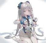  1girl azur_lane bangs bare_shoulders black_necktie blue_eyes breasts cherry closed_mouth commentary_request cup dress eyebrows_visible_through_hair food fruit grey_hair halsey_powell_(azur_lane) highres holding holding_cup holding_spoon long_hair long_sleeves looking_at_viewer necktie no_shoes sitting sleeveless sleeveless_dress sleeves_past_wrists small_breasts smile soles solo spoon thigh-highs tota_(sizukurubiks) very_long_hair wariza white_dress white_legwear 