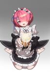  1girl absurdres apron bubble_tea cup detached_sleeves drinking_glass drinking_straw frills hair_over_one_eye hairband highres kneeling kurt_bestor looking_at_viewer open_mouth pink_eyes pink_hair ram_(re:zero) re:zero_kara_hajimeru_isekai_seikatsu short_hair solo teeth white_legwear 