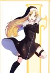  1girl absurdres bangs black_dress blonde_hair dress eyebrows_visible_through_hair fang habit hands_clasped hands_together highres interlocked_fingers long_hair nun own_hands_together sister_cleaire solo subuart subudraws virtual_youtuber yellow_eyes 