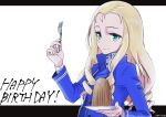  1girl absurdres bc_freedom_military_uniform birthday blonde_hair blue_jacket blue_vest closed_mouth dated dress_shirt drill_hair english_text food fork girls_und_panzer green_eyes happy_birthday high_collar highres holding holding_fork holding_saucer jacket letterboxed long_hair long_sleeves looking_at_viewer marie_(girls_und_panzer) military military_uniform mont_blanc_(food) oritako saucer shirt smile solo uniform upper_body vest white_background white_shirt 