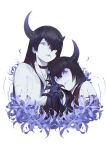  2girls abyssal_ship akira_(kadokawa) black_hair black_horns claws colored_skin flower hair_over_one_eye hands_together horns kantai_collection lips long_hair multiple_girls night_strait_princess_(black) night_strait_princess_(white) official_art pale_skin upper_body violet_eyes white_background white_skin 