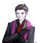  1boy adjusting_clothes adjusting_gloves black_gloves black_hair black_jacket collared_shirt dangan_ronpa_(series) dangan_ronpa_10th_anniversary_costume dangan_ronpa_2:_goodbye_despair earrings gloves grey_eyes grey_hair highres jacket jewelry looking_at_viewer male_focus necktie official_alternate_costume pale_skin pink_scarf red_eyes red_neckwear scarf shirt short_hair silvercandy_gum smile solo striped_jacket tanaka_gandamu tie_clip upper_body 