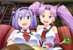  2girls :d absurdres bare_shoulders black_hairband blue_eyes bookshelf breasts elbow_gloves eyebrows_visible_through_hair fingerless_gloves fisheye gloves hairband highres ladder large_breasts map megami_magazine mini_necktie multiple_girls official_art open_mouth purple_hair red_gloves scan shachou_batoru_no_jikan_desu! sitting smile staff twintails uniform violet_eyes watanabe_keisuke yutoria 