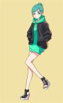  1girl absurdres aqua_eyes black_jacket drawstring full_body futomayu-chan_(sinohira_rin) green_hair green_hoodie hair_bun hands_in_pockets highres hood hoodie jacket original shoes simple_background sinohira_rin solo toeless_footwear yellow_background 