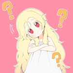  1girl :&lt; ? blonde_eyelashes blush bok_sil crossed_arms dress fangs hair_between_eyes head_tilt highres long_hair looking_at_viewer luke_(dydansgur) naega_mannan_baempaieo_iyagi pink_background red_eyes simple_background skin_fangs straight-on sundress tareme white_dress 