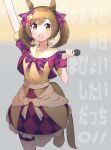  1girl absurdres animal_ears arm_up blush bow bowtie brown_eyes brown_hair eyebrows_visible_through_hair hair_bow highres holding holding_microphone horse_ears horse_girl horse_tail long_hair ma_rukan microphone open_mouth pink_bow purple_bow short_sleeves signature smart_falcon_(umamusume) smile solo tail umamusume white_bow 